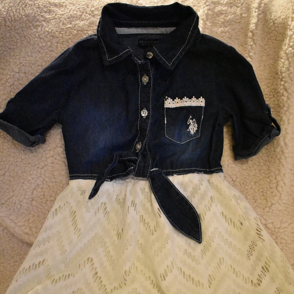 US Polo Denim Dress Shirt top w/ White Lace Skirt